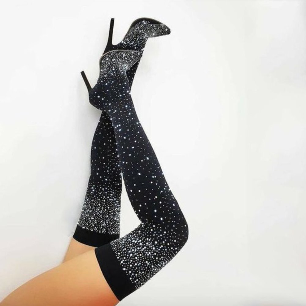 Crystal Rhinestone Bling Stocking Over Knee Boots Thigh High Heeled Sock‎ Boots